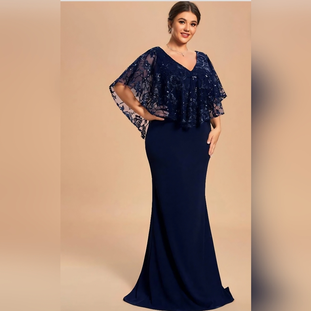 Ever Pretty Navy Blue Long Gown with Lace & Sequins Cape Sleeves Overlay Sz 16